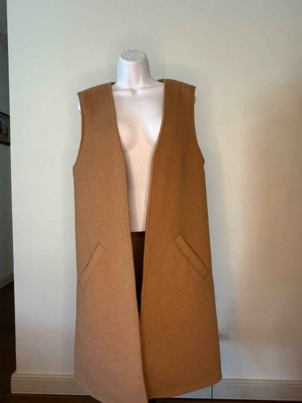 Halogen Camel Tan Longline Open-Front Vest with Pockets